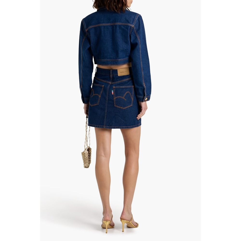 Farm Rio Dark Wash Denim Button Front Mini Skirt Gold Hardware Size 31 - Picture 2 of 10